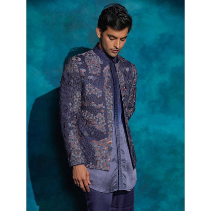 Jatin Malik Oceanic Purple Hand Embroidered Short Jacket with Kurta and Trouser