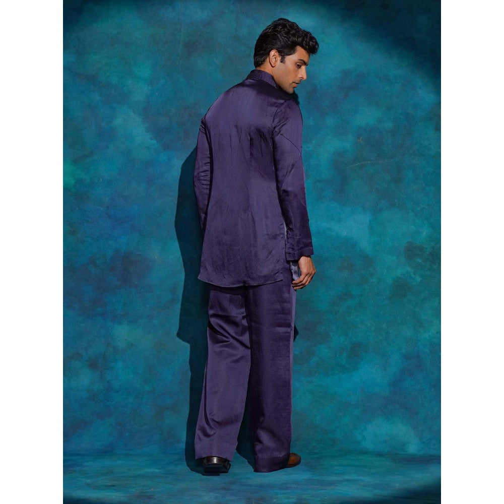 Jatin Malik Oceanic Purple Hand Embroidered Short Jacket with Kurta and Trouser