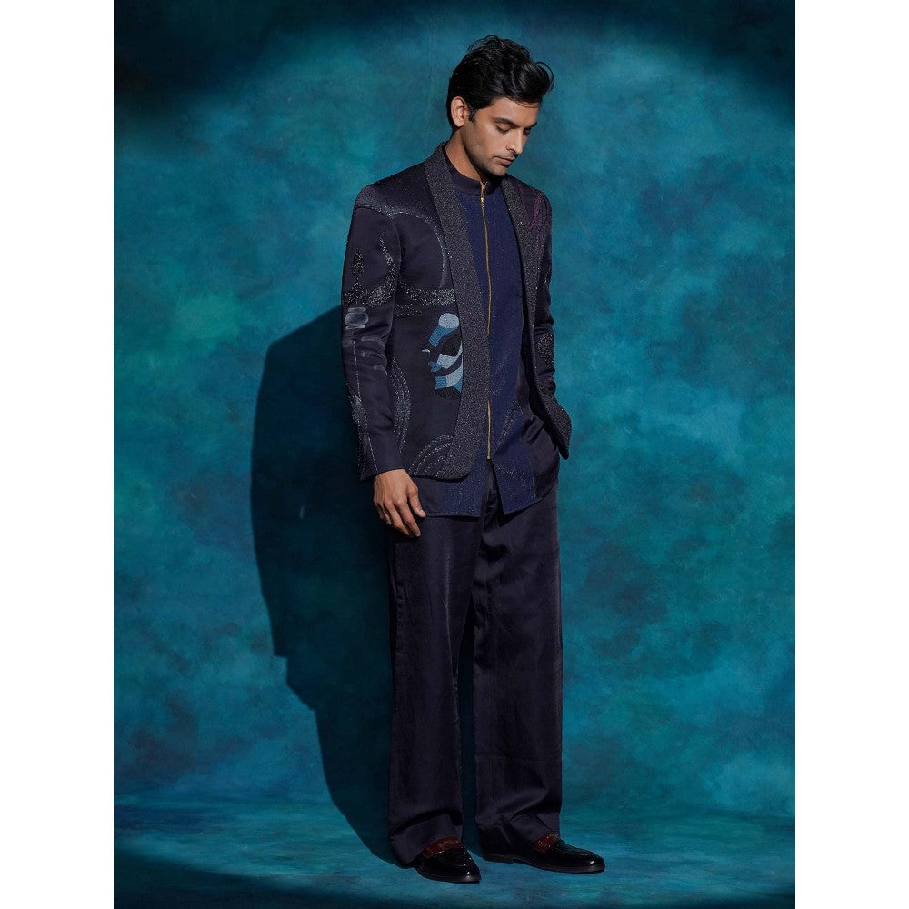 Jatin Malik Midnight Blue Hand Embroidered Concept Blazer with Kurta and Trouser