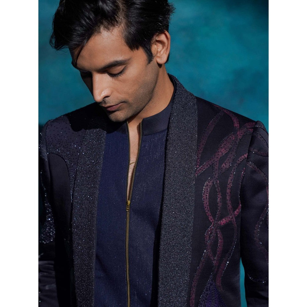 Jatin Malik Midnight Blue Hand Embroidered Concept Blazer with Kurta and Trouser