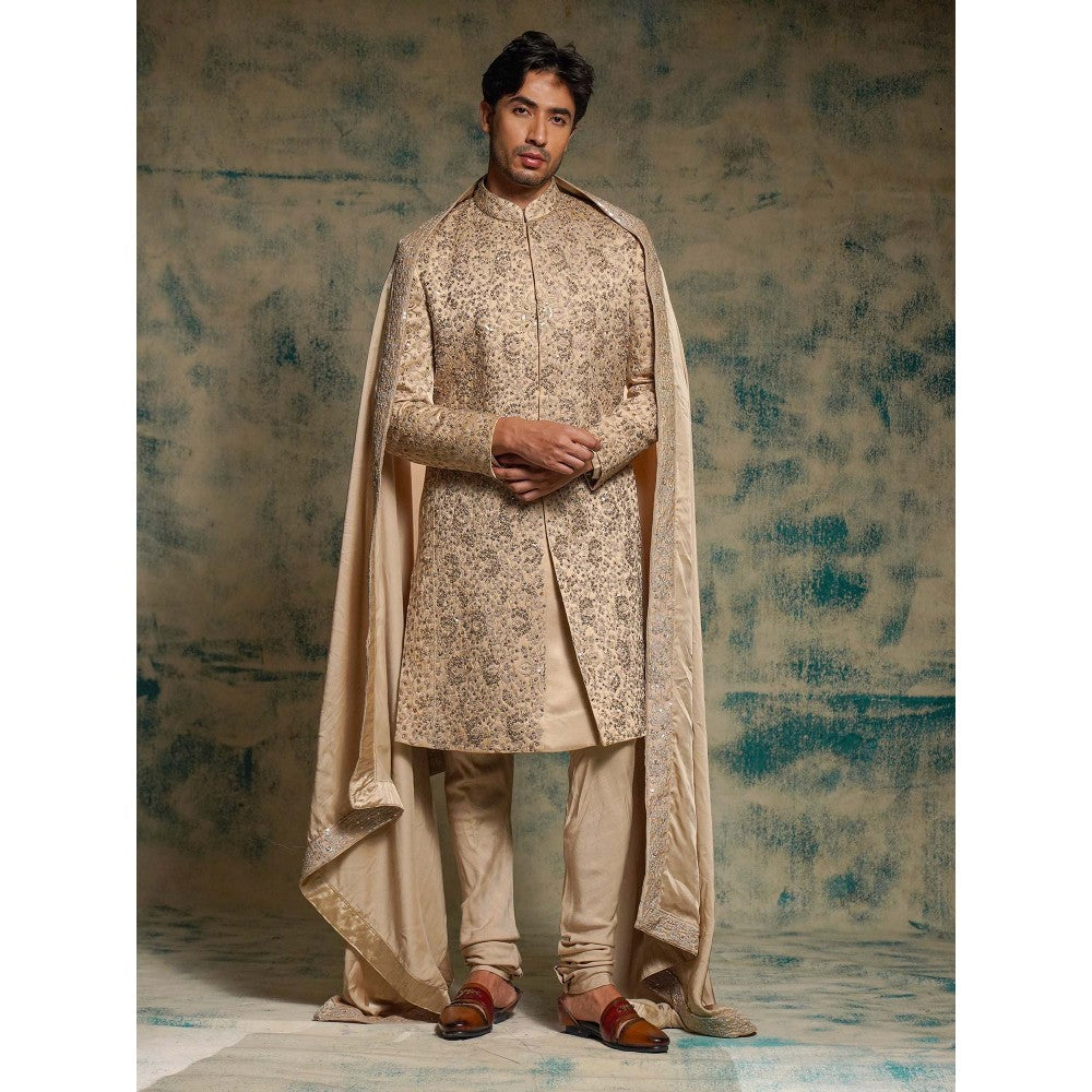 Jatin Malik Beige Sand Linen Silk Embroidered Sherwani with Kurta, Churidar and Dupatta