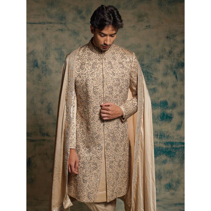 Jatin Malik Beige Sand Linen Silk Embroidered Sherwani with Kurta, Churidar and Dupatta
