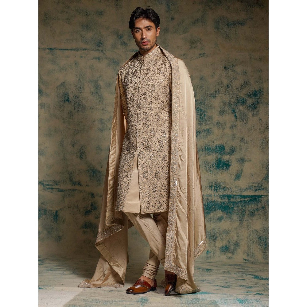 Jatin Malik Beige Sand Linen Silk Embroidered Sherwani with Kurta, Churidar and Dupatta