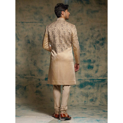 Jatin Malik Beige Sand Linen Silk Embroidered Sherwani with Kurta, Churidar and Dupatta