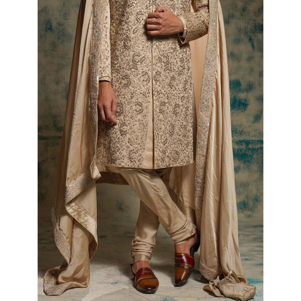 Jatin Malik Beige Sand Linen Silk Embroidered Sherwani with Kurta, Churidar and Dupatta