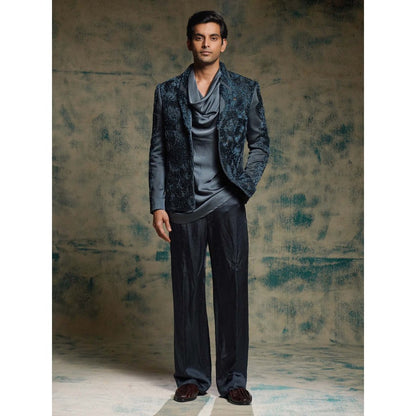 Jatin Malik Blue Hand Embroidered Short Jacket with Kurta and Trouser