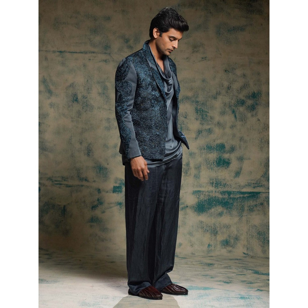 Jatin Malik Blue Hand Embroidered Short Jacket with Kurta and Trouser