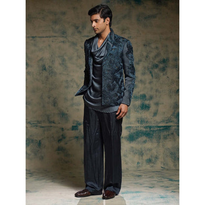 Jatin Malik Blue Hand Embroidered Short Jacket with Kurta and Trouser