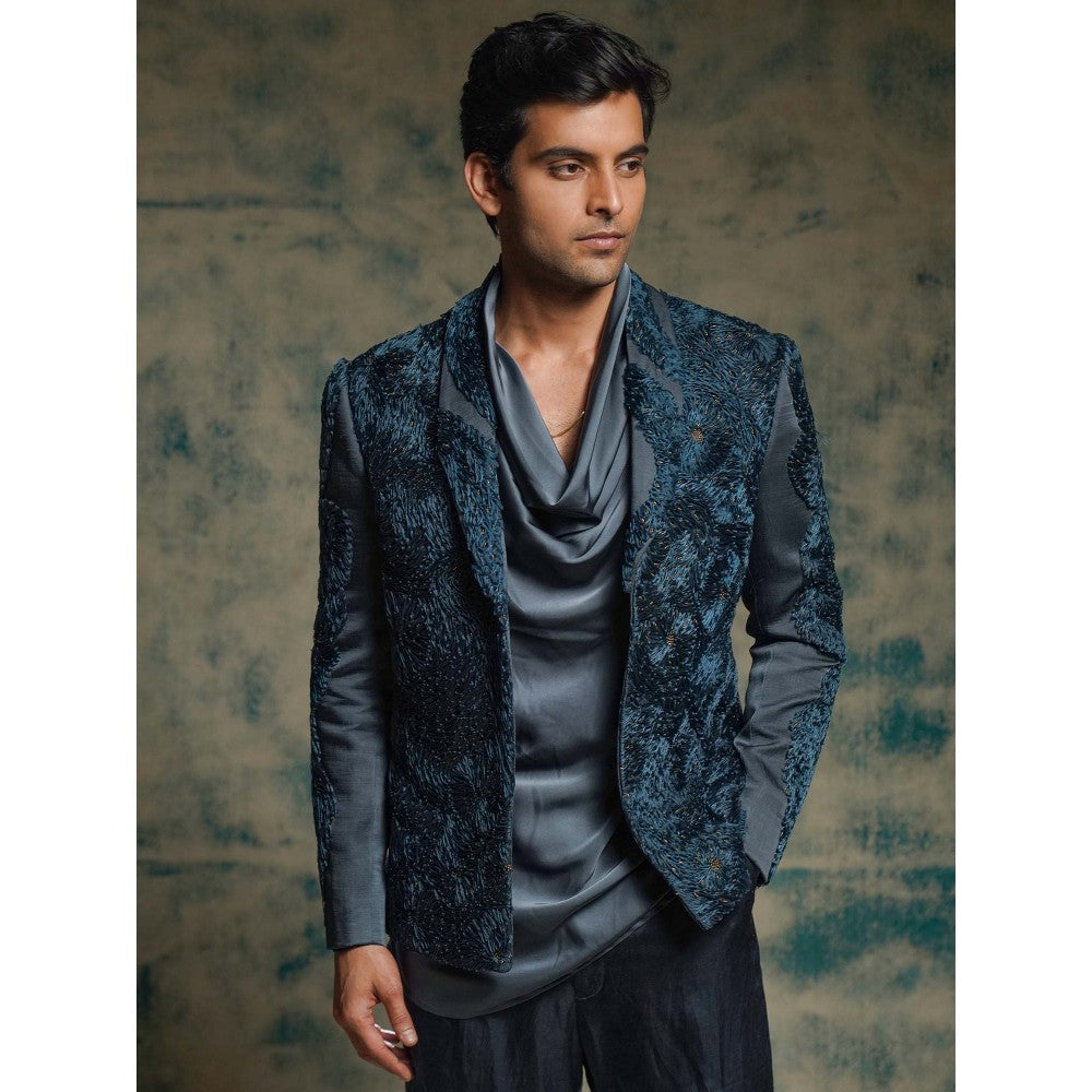 Jatin Malik Blue Hand Embroidered Short Jacket with Kurta and Trouser