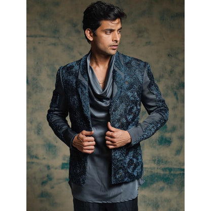 Jatin Malik Blue Hand Embroidered Short Jacket with Kurta and Trouser