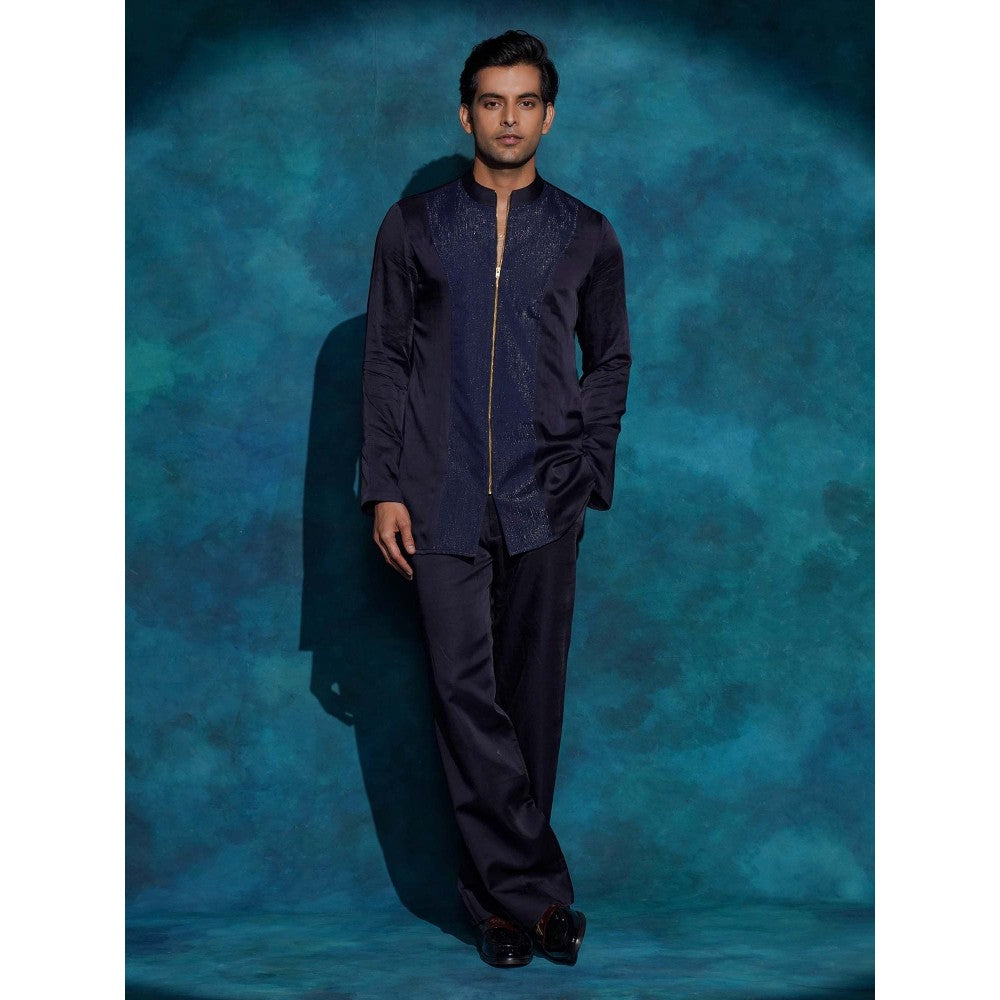 Jatin Malik Midnight Blue Zipper Short Kurta with Trouser