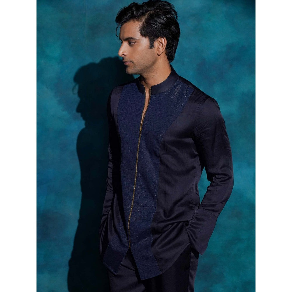 Jatin Malik Midnight Blue Zipper Short Kurta with Trouser