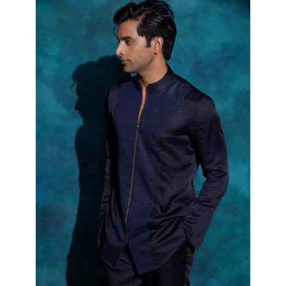 Jatin Malik Midnight Blue Zipper Short Kurta with Trouser