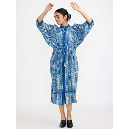 JAYATI GOENKA Blue Block Printed Checkered Midi Dress (Set of 2)