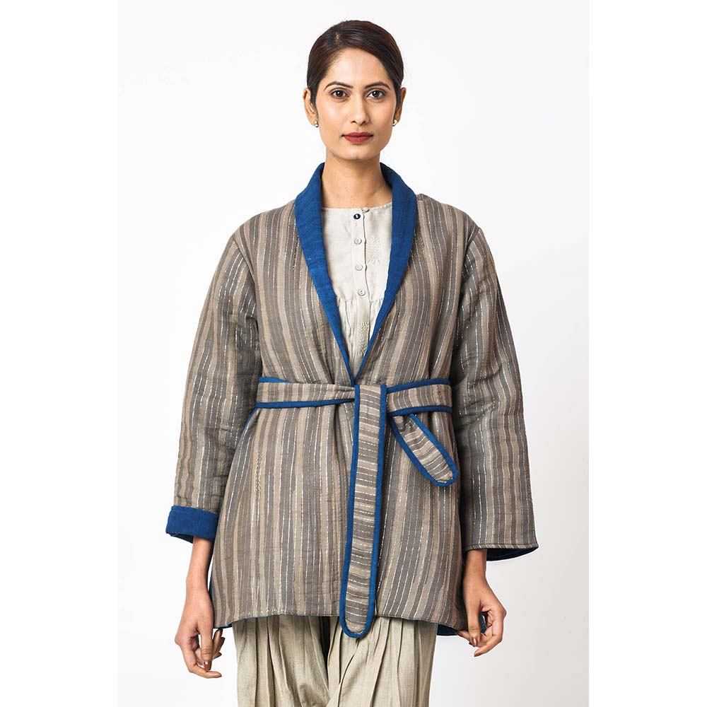 JAYATI GOENKA Stripes Espresso Jacket with Belt (Set of 2)