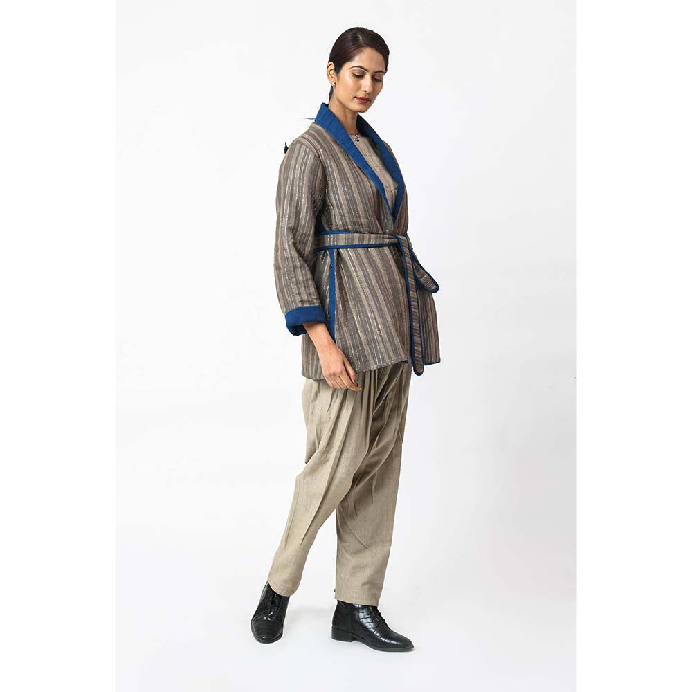 JAYATI GOENKA Stripes Espresso Jacket with Belt (Set of 2)