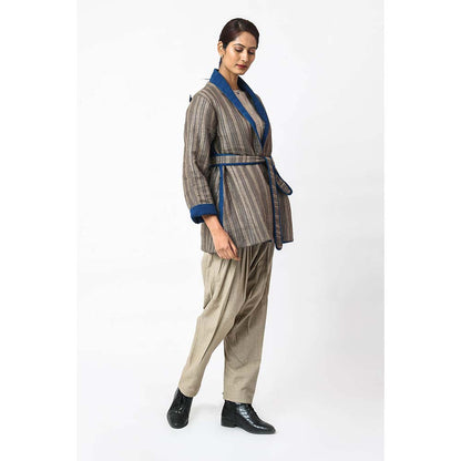 JAYATI GOENKA Stripes Espresso Jacket with Belt (Set of 2)