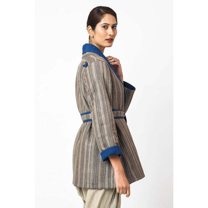 JAYATI GOENKA Stripes Espresso Jacket with Belt (Set of 2)