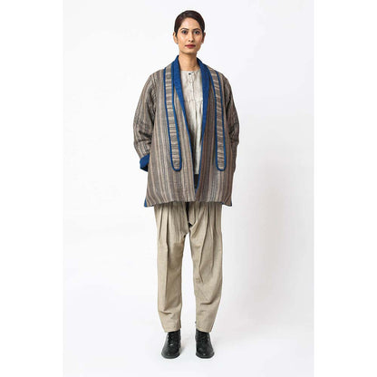 JAYATI GOENKA Stripes Espresso Jacket with Belt (Set of 2)