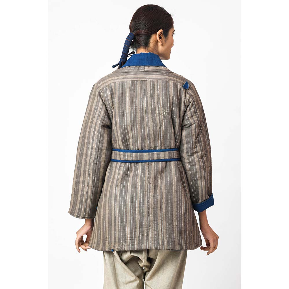 JAYATI GOENKA Stripes Espresso Jacket with Belt (Set of 2)