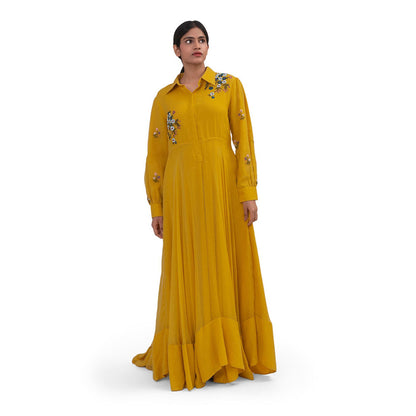 Journal By Pranay Mustard Yellow Embroidered Maxi Dress