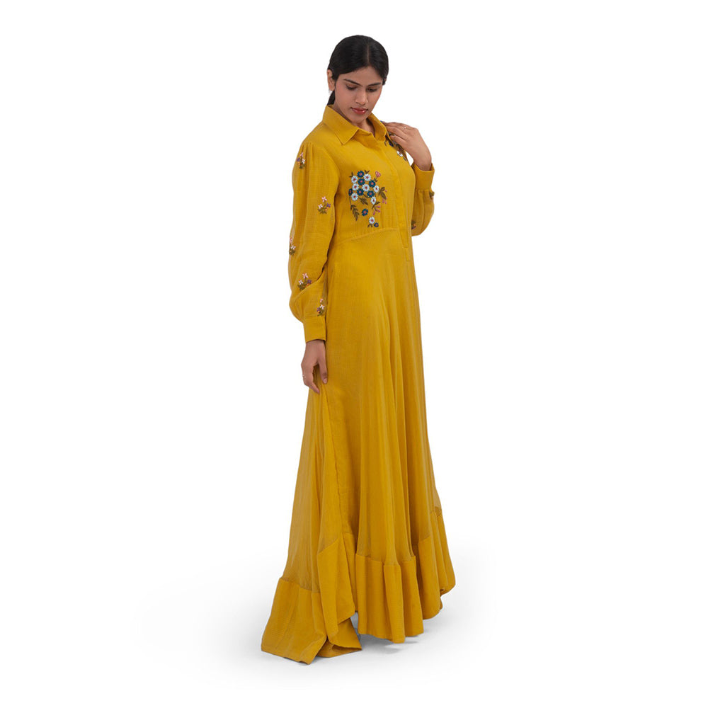 Journal By Pranay Mustard Yellow Embroidered Maxi Dress