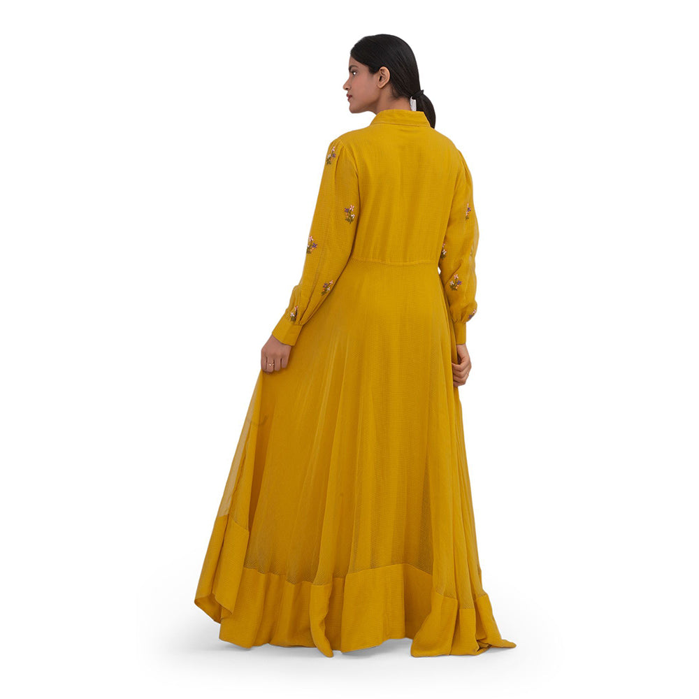 Journal By Pranay Mustard Yellow Embroidered Maxi Dress