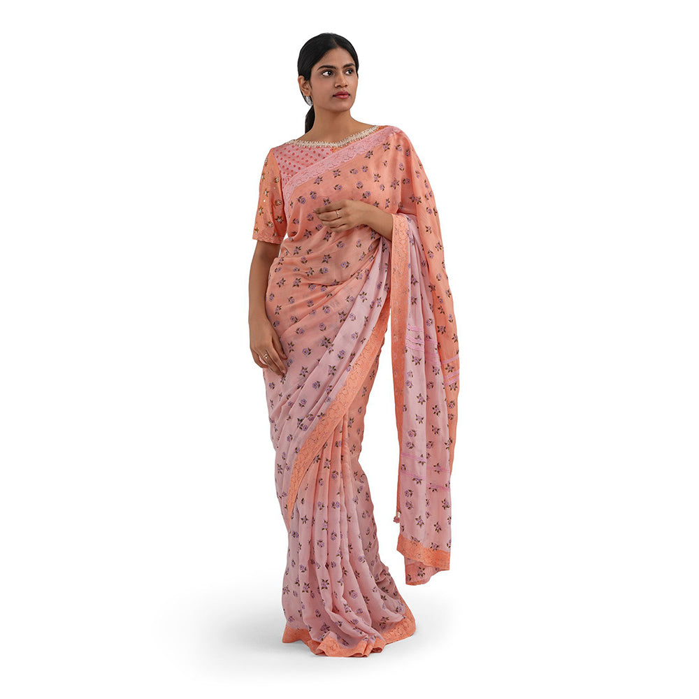 Journal By Pranay Peach Printed Muslin Silk Saree With Stitched Blouse