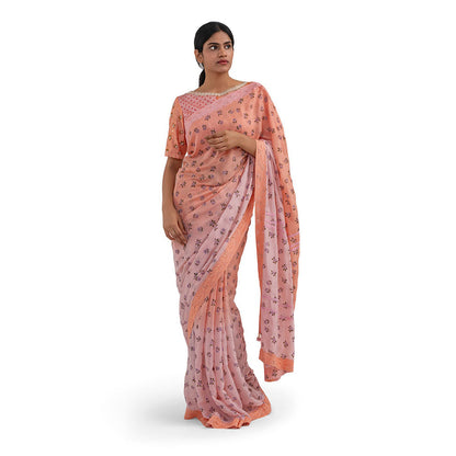 Journal By Pranay Peach Printed Muslin Silk Saree With Stitched Blouse