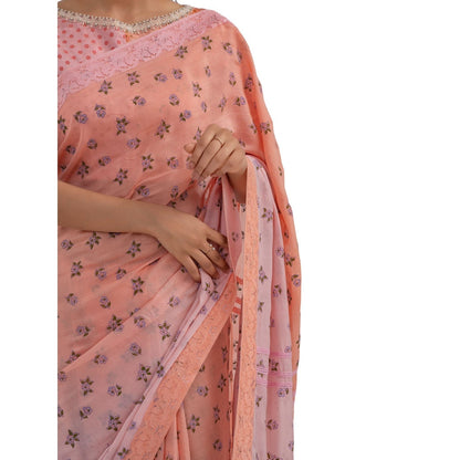 Journal By Pranay Peach Printed Muslin Silk Saree With Stitched Blouse