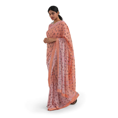 Journal By Pranay Peach Printed Muslin Silk Saree With Stitched Blouse