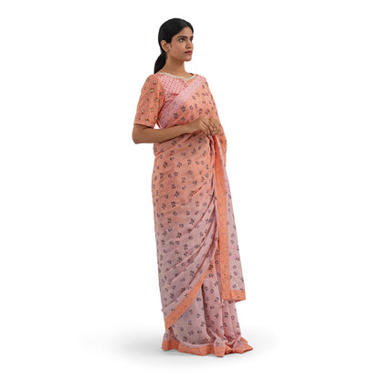 Journal By Pranay Peach Printed Muslin Silk Saree With Stitched Blouse