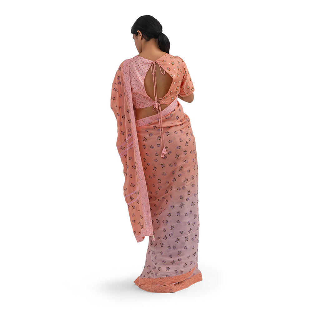 Journal By Pranay Peach Printed Muslin Silk Saree With Stitched Blouse
