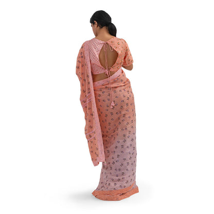 Journal By Pranay Peach Printed Muslin Silk Saree With Stitched Blouse