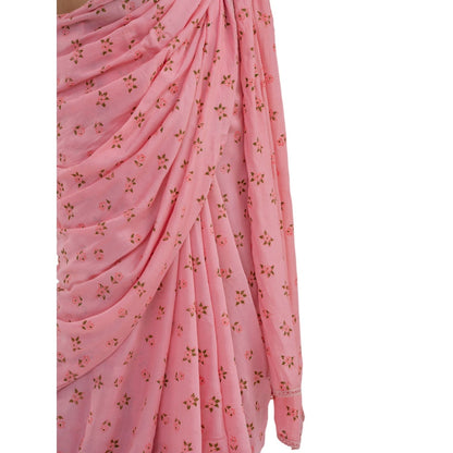 Journal By Pranay Pastel Pink Floral Muslin Silk Saree With Stitched Blouse