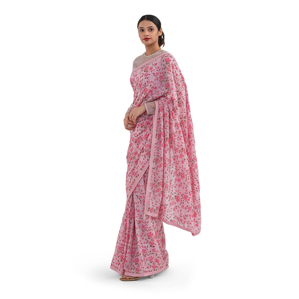Journal By Pranay Pastel Pink Floral Saree With Stitched Blouse