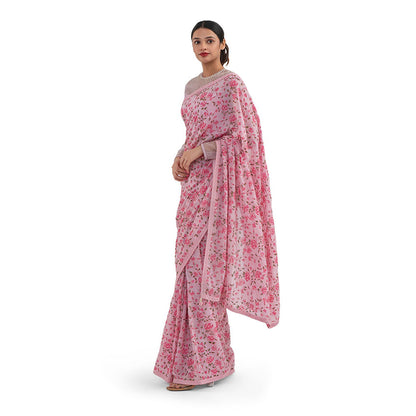 Journal By Pranay Pastel Pink Floral Saree With Stitched Blouse