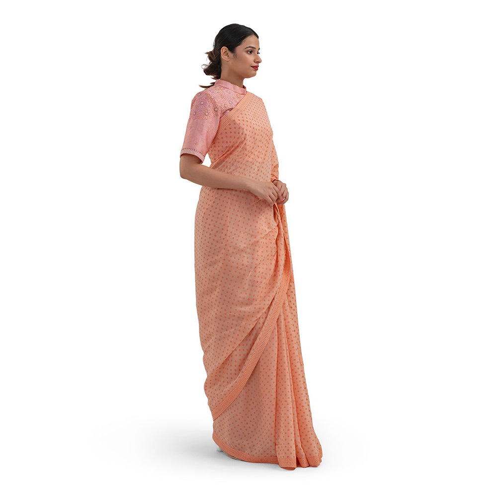 Journal By Pranay Peach Polka Muslin Silk Saree With Stitched Blouse
