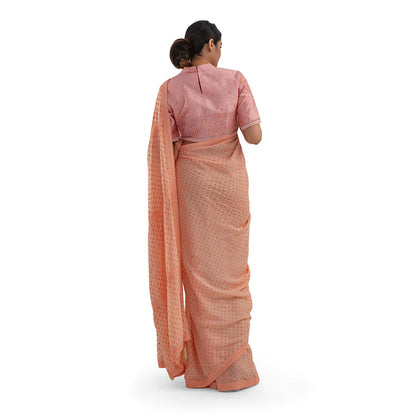 Journal By Pranay Peach Polka Muslin Silk Saree With Stitched Blouse