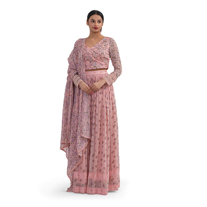 Journal By Pranay Pink Floral Lehenga With Choli & Dupatta (Set of 3)