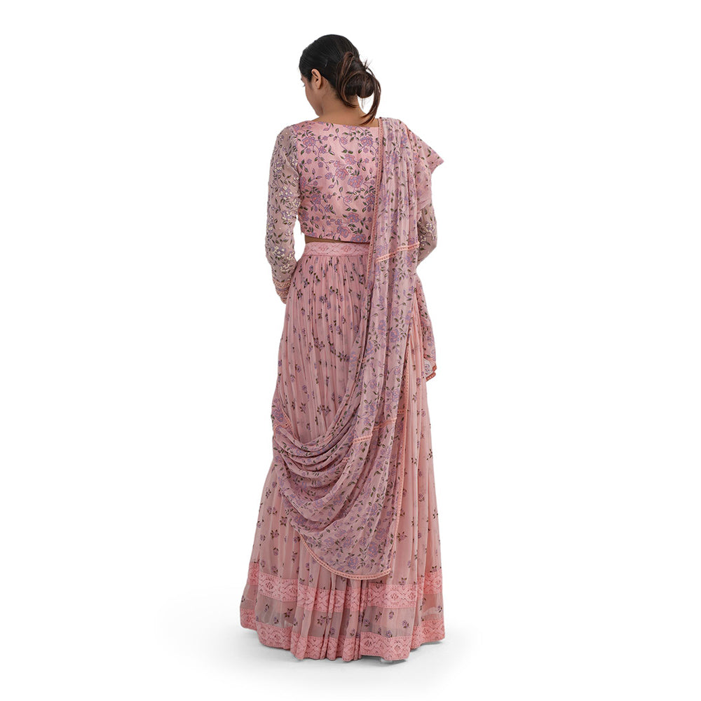 Journal By Pranay Pink Floral Lehenga With Choli & Dupatta (Set of 3)