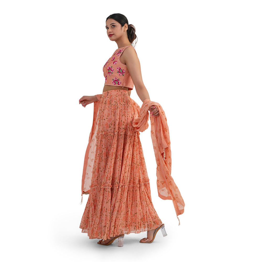 Journal By Pranay Peach Embroidered And Printed Tiered Lehenga With Choli & Dupatta (Set of 3)
