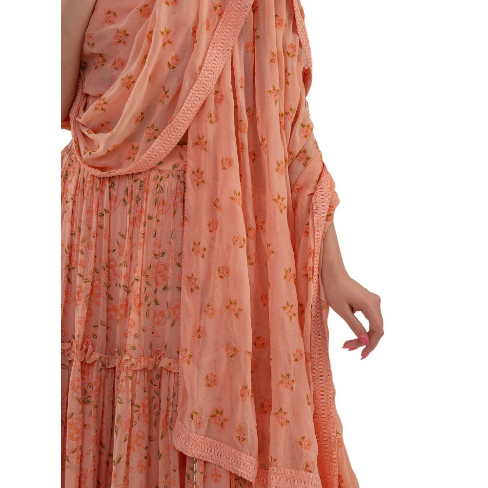 Journal By Pranay Peach Embroidered And Printed Tiered Lehenga With Choli & Dupatta (Set of 3)
