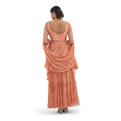 Journal By Pranay Peach Embroidered And Printed Tiered Lehenga With Choli & Dupatta (Set of 3)