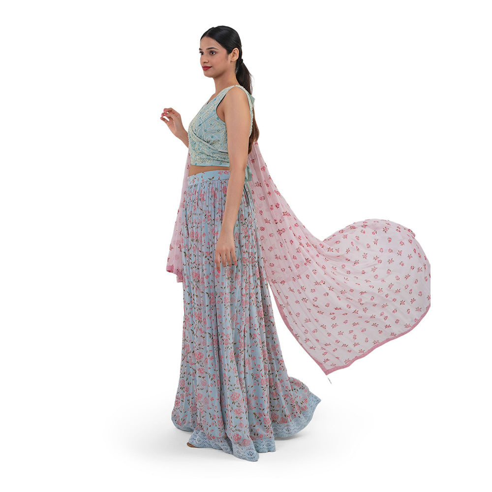 Journal By Pranay Powder Blue Floral Lehenga With Choli & Dupatta (Set of 3)
