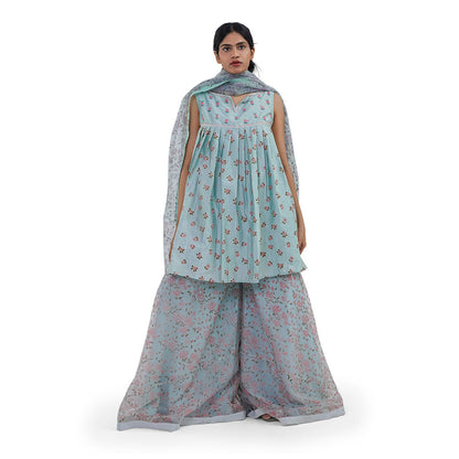 Journal By Pranay Powder Blue Floral Embroidered Kurti With Sharara & Dupatta (Set of 3)
