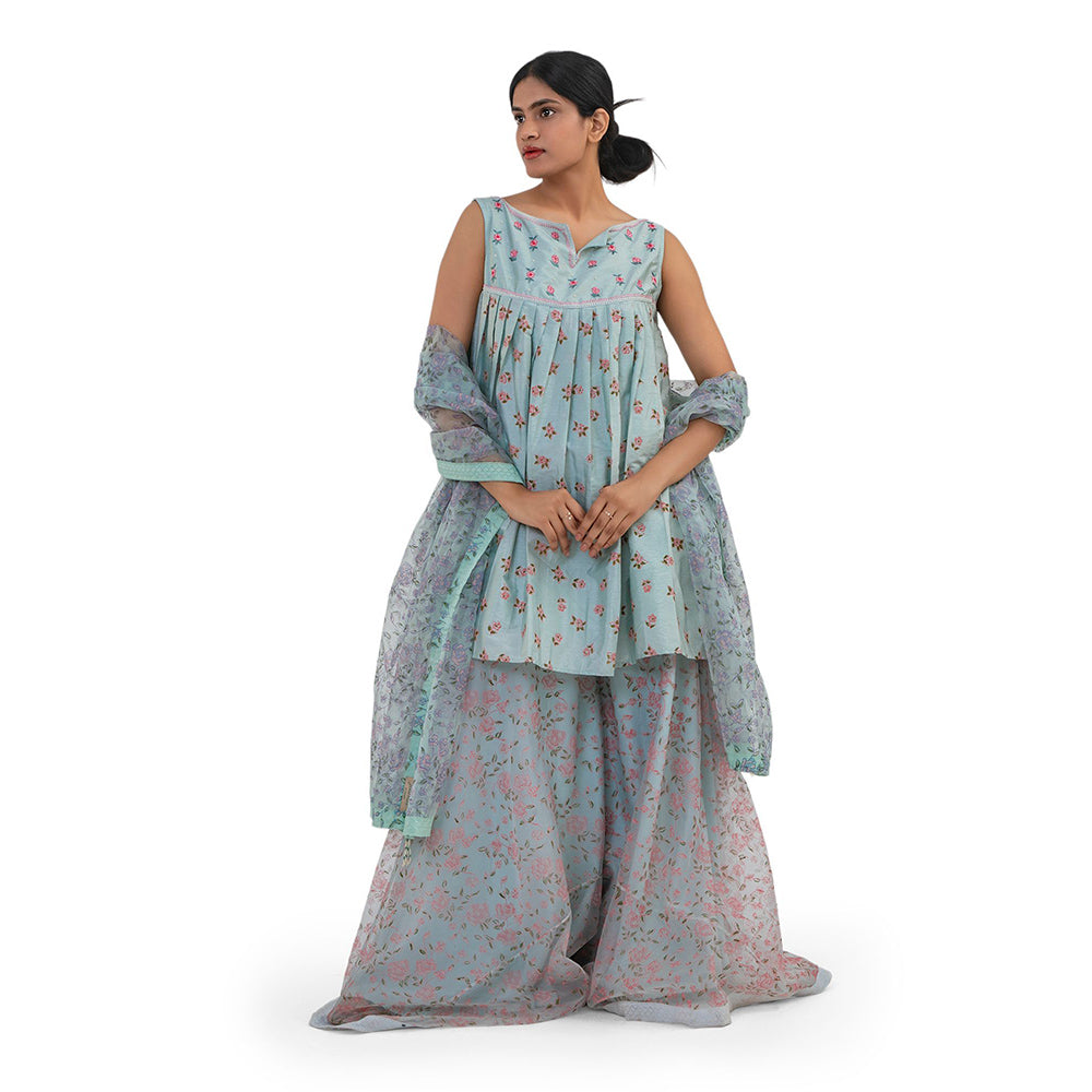 Journal By Pranay Powder Blue Floral Embroidered Kurti With Sharara & Dupatta (Set of 3)