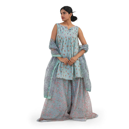 Journal By Pranay Powder Blue Floral Embroidered Kurti With Sharara & Dupatta (Set of 3)
