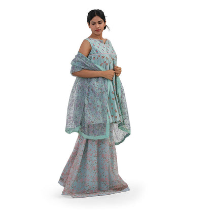 Journal By Pranay Powder Blue Floral Embroidered Kurti With Sharara & Dupatta (Set of 3)