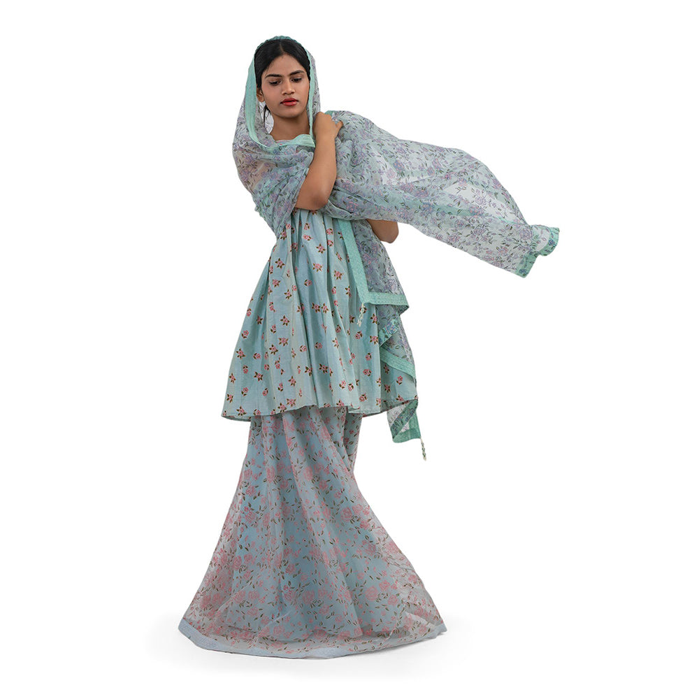 Journal By Pranay Powder Blue Floral Embroidered Kurti With Sharara & Dupatta (Set of 3)